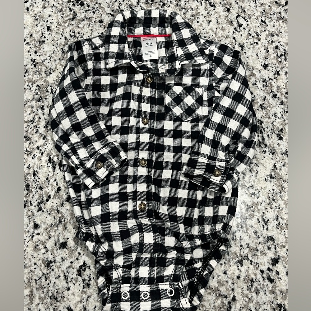 Carter's Infant Boy's Flannel Black Checkered Plaid Button Down Shirt, 9 Months